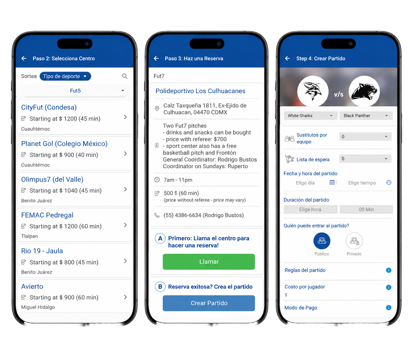 Pantallas de la app: selecciona cancha, haz una reserva y crea el partido
