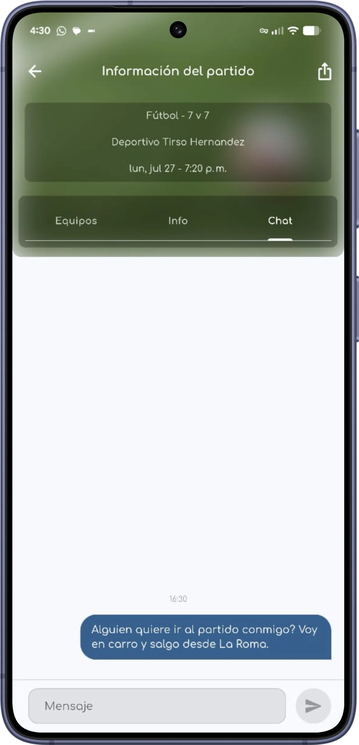 Chat interno del partido en la app de Sport12