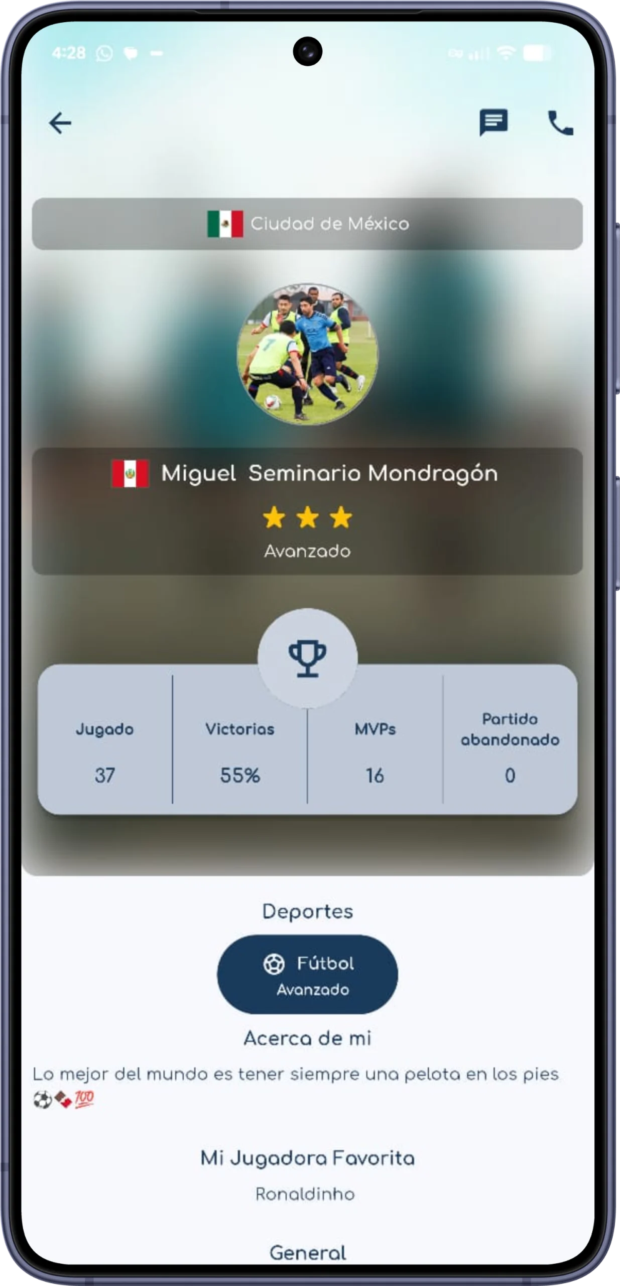 Pantalla de perfil y estadísticas del jugador en la app de Sport12