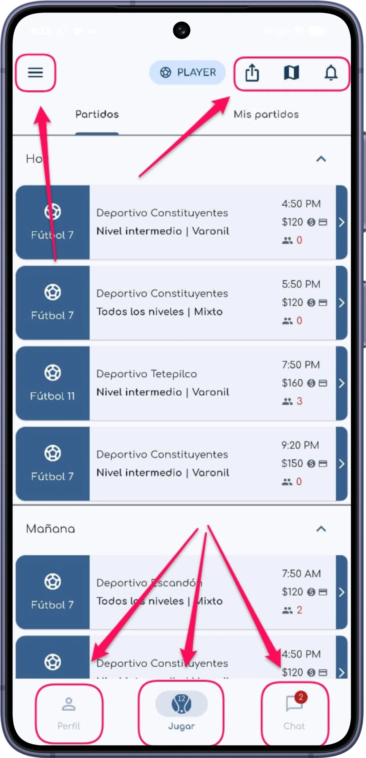Pantalla de inicio de la app de Sport12 con sus botones señalados