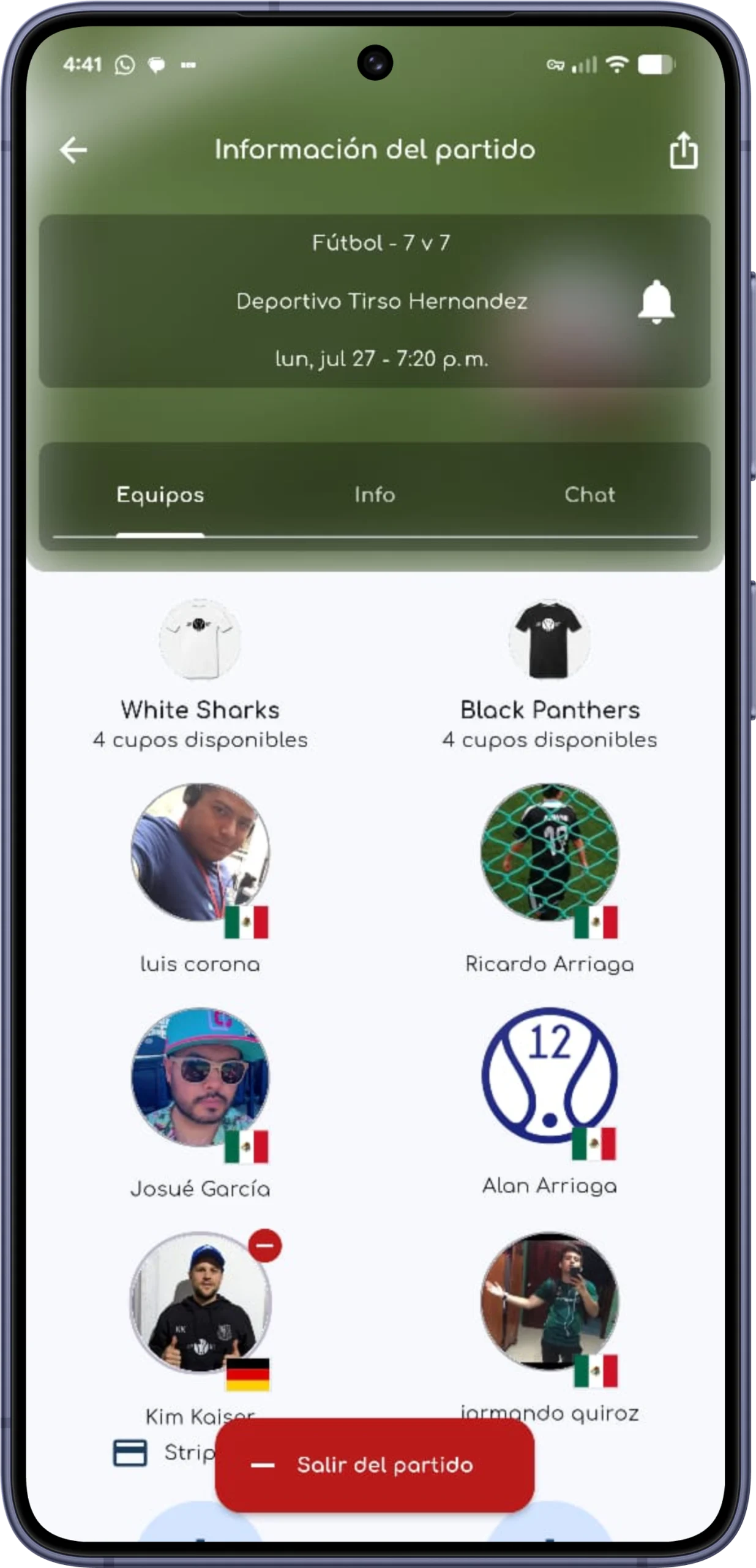 Pantalla de equipos de un partido en la app de Sport12