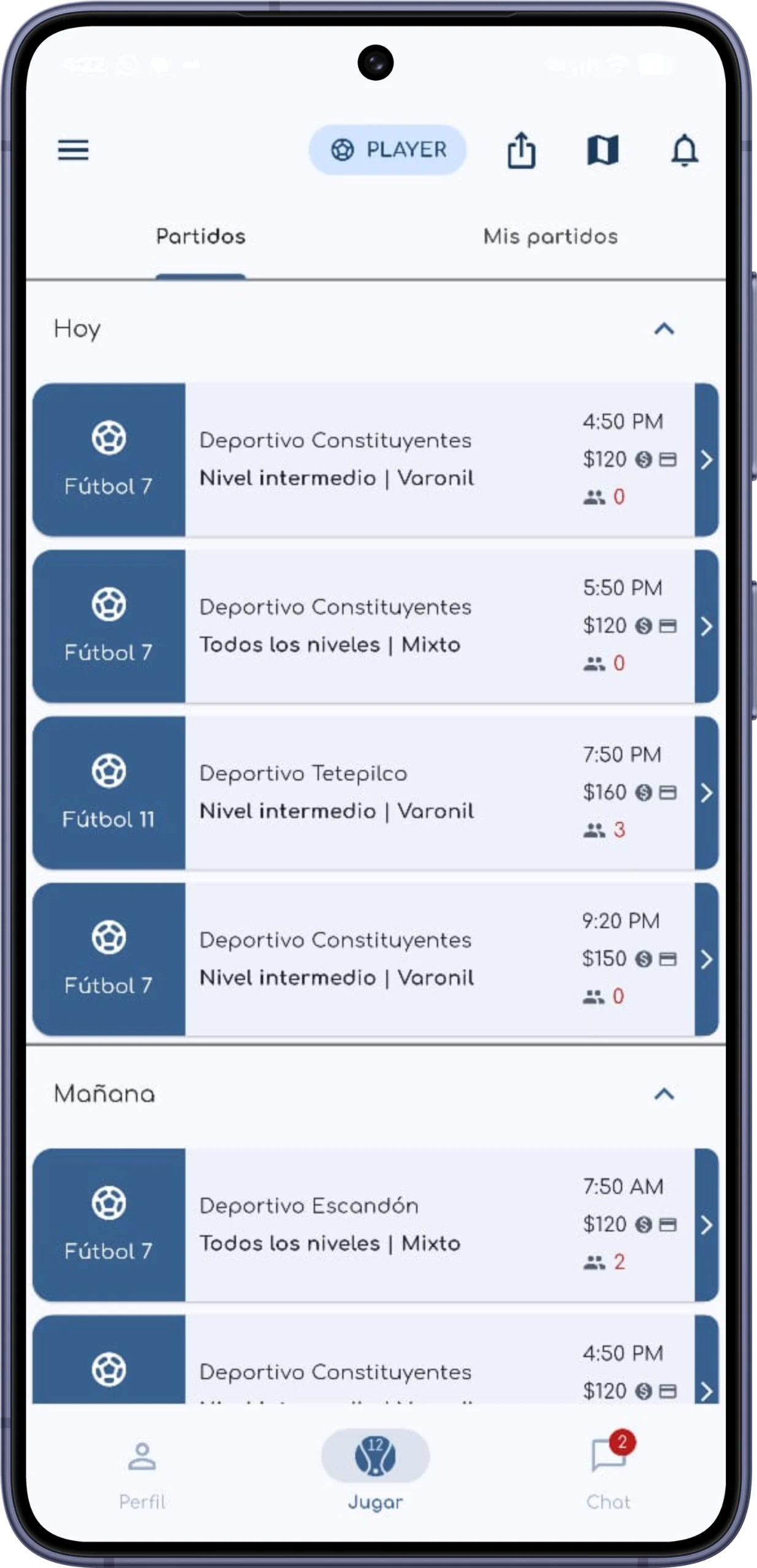 Elige un partido en la app de Sport12